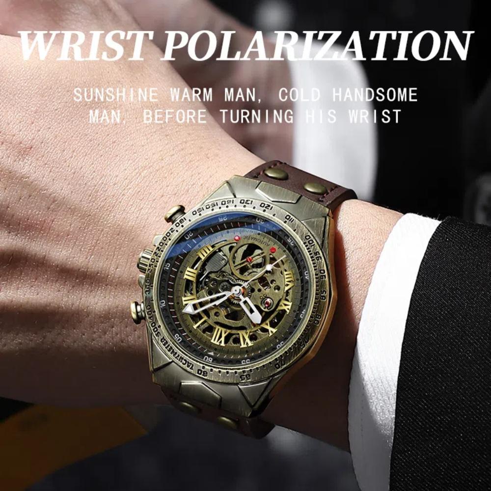 BINBOND Erkekler için Retro İskelet Steampunk Saat, Bronz Bezel, Otomatik Mekanik Saat, Deri Kayış, Su Geçirmez Erkek Kol Saati