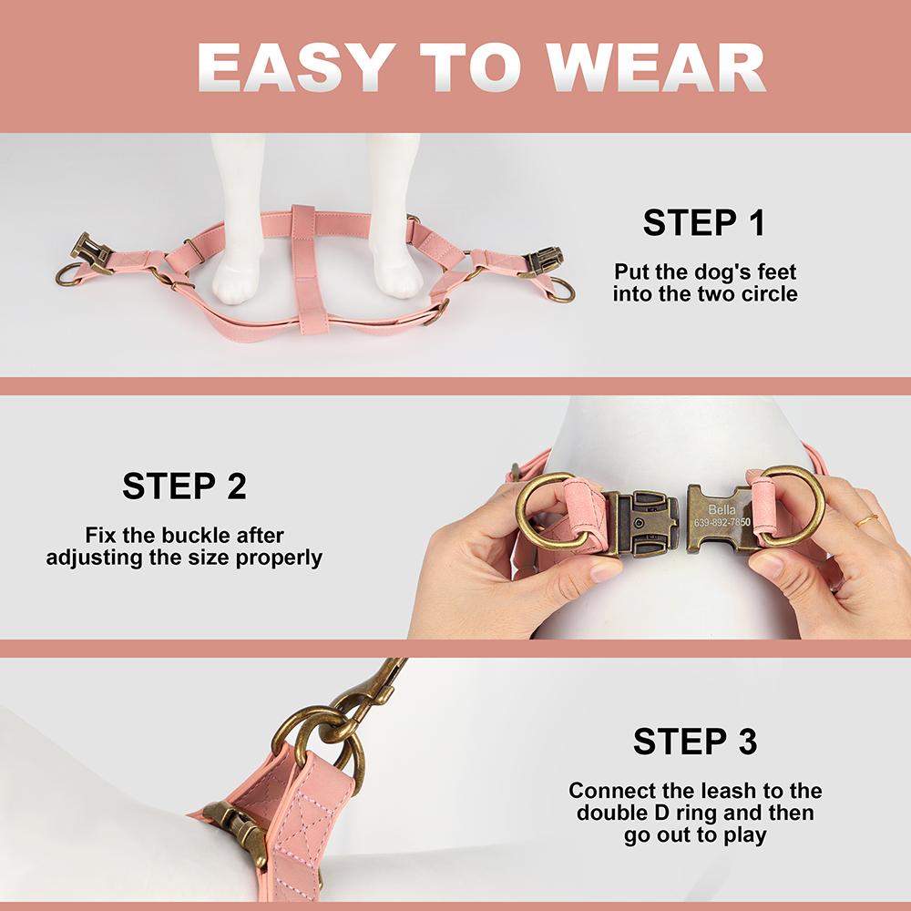 Personalized PU LeatherPet ID Name Buckle Harness Durable Dog Harnesses Free Engraved Dog Vest For Small Medium Larges Dogs Pug