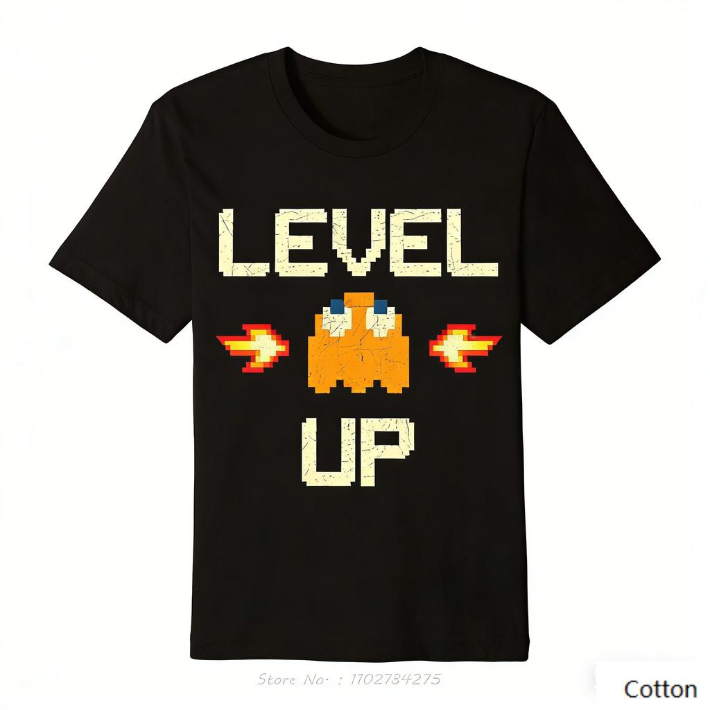 Vintage Pixel Level Up Ghost Print Cotton T Shirt Unisex Women Retro Arcade Game Streetwear Loose Casual Tee