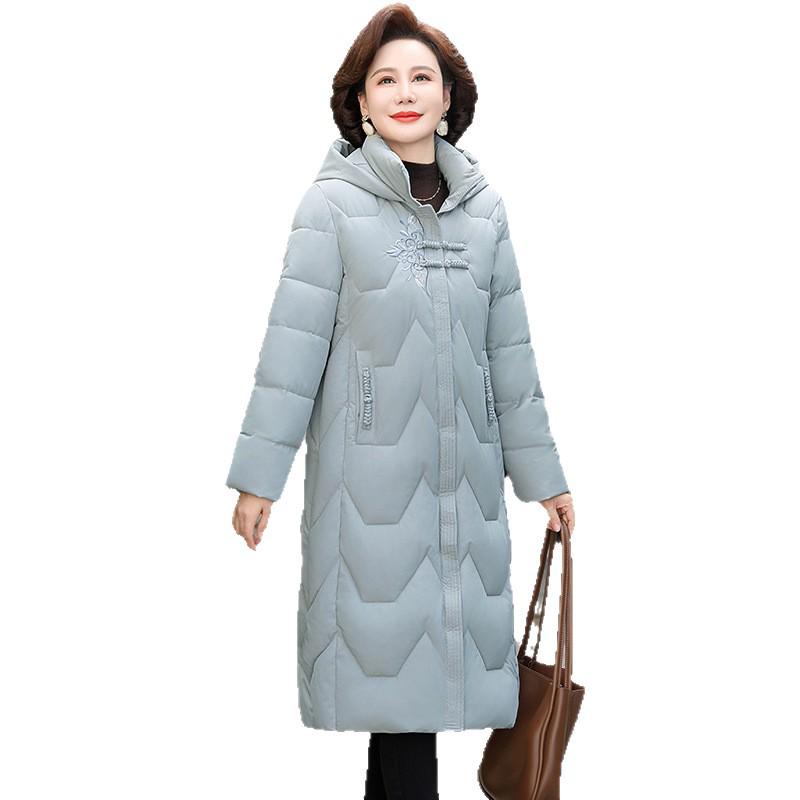 Women's Long Cotton Padded Winter Jacket - Stylish Over-the-Knee Design for Middle-Aged and Elderly