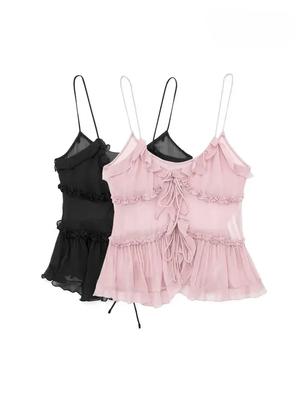Women Fashion With Ruffled Front Tied Semi-sheer Tank Tops Sexy Backless Thin Straps Female Camis