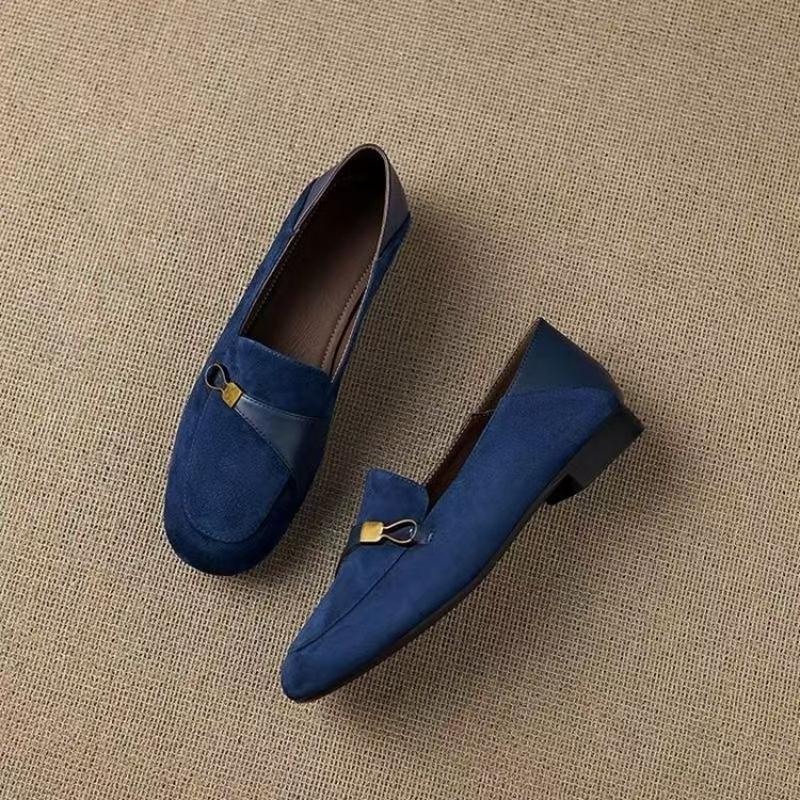 British Style Suede Square Toe Loafers Metal Decor Low Heel Pumps Versatile Retro Office Shoes for Women
