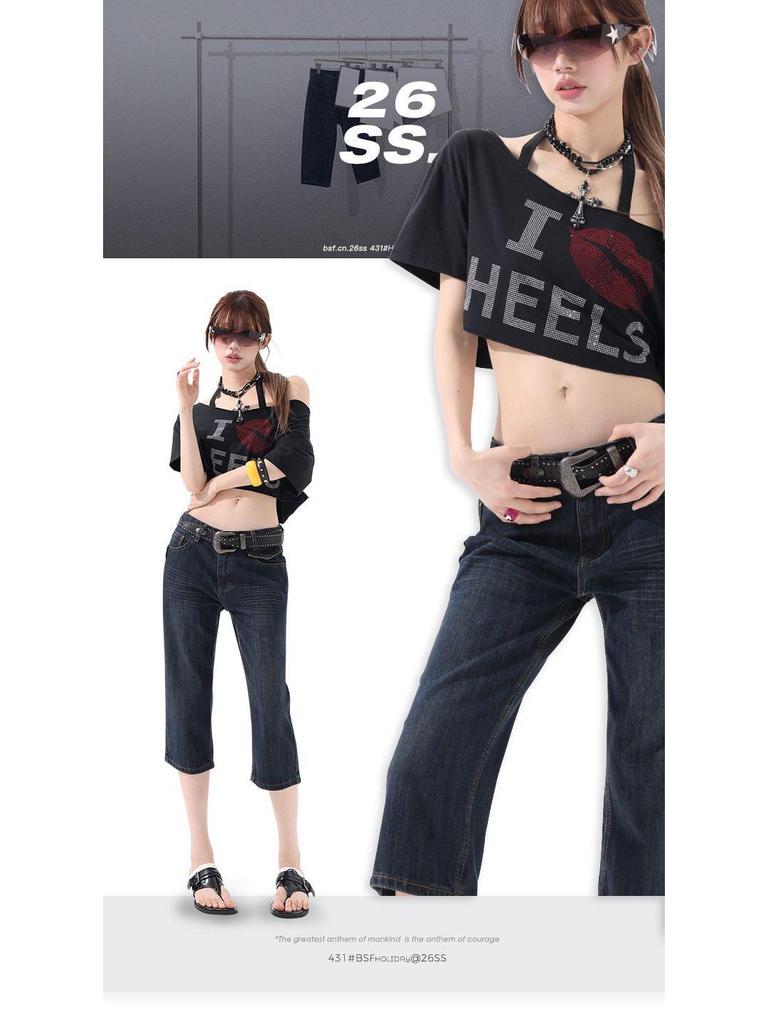 Women's Retro High-Waisted Slimming 7-Point Denim Capri Pants - Summer 2026 Collection