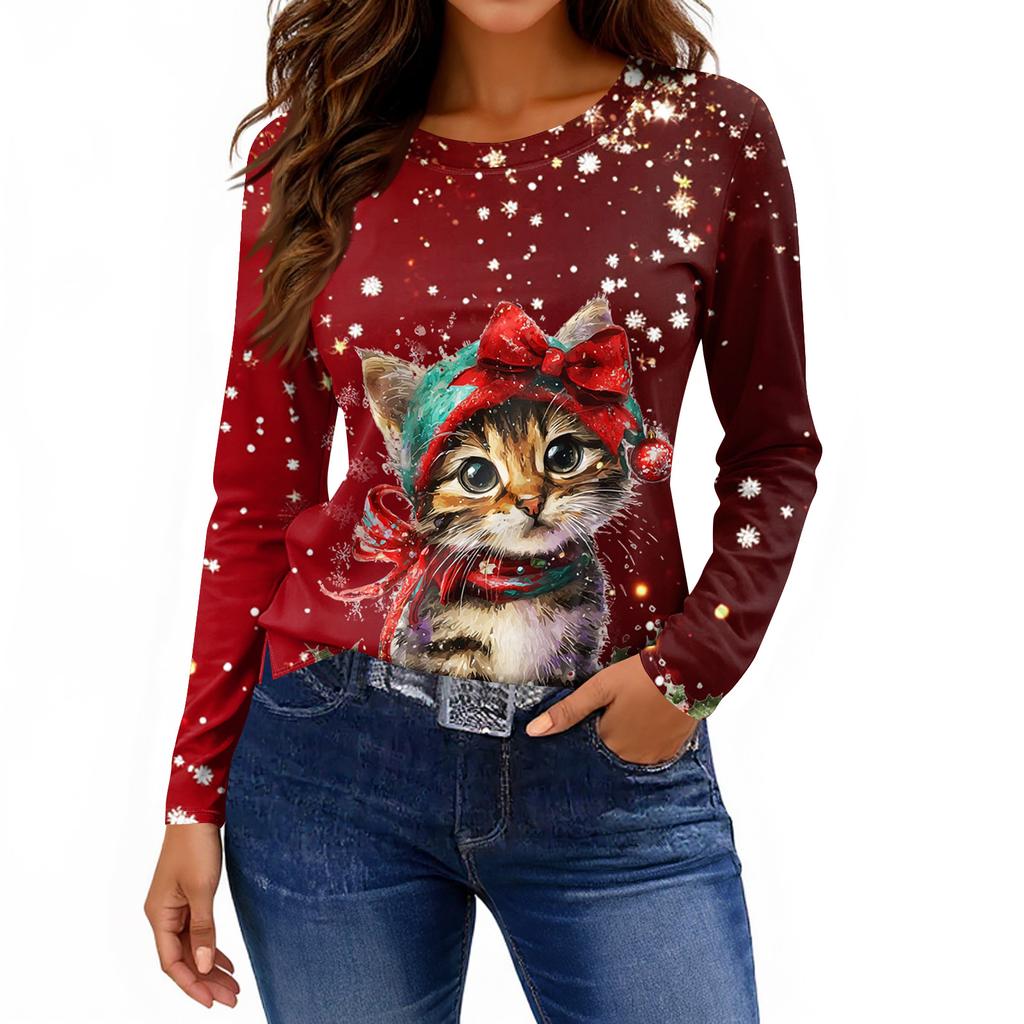 Women's Fashion Casual Slit Hem Round Neck Long Sleeve Loose Printed T-Shirt Ladies Top