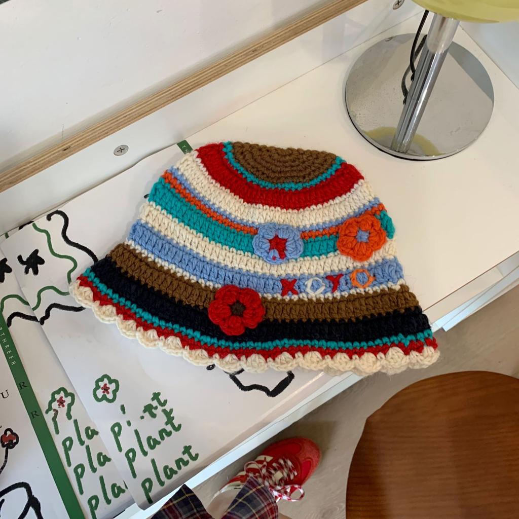 Warm and Cold Hat Versatile Wool Hat Winter Big Head Circumference Women's Face Small Colorful Striped Fisherman Hat Small Flower Pile Hat