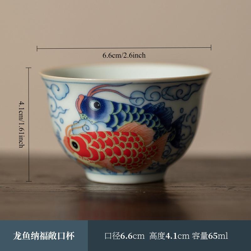 

Blue White Dragon Fish Ceramic Tea Cup Chinese Style Personal Master Bowl Heat Resistant Gongfu Tea Ware Home Use 65ml
