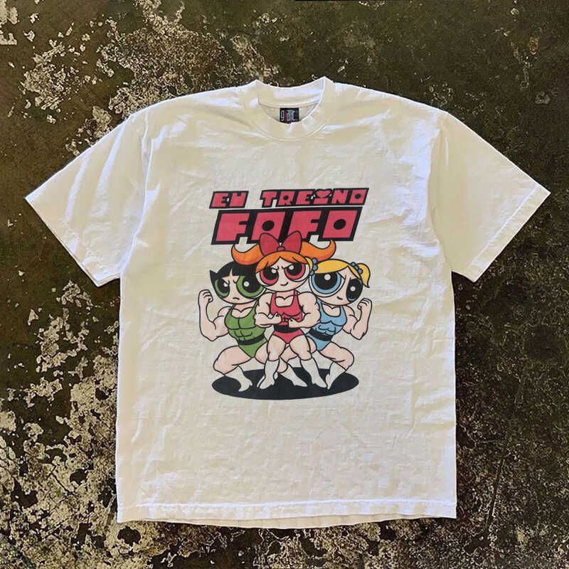 

Igeumm Fun Spoof The Powerpuff Girls Oversize American Retro Heavy Weight Couple Short Sleeve T-shirt for Men and Women White S
