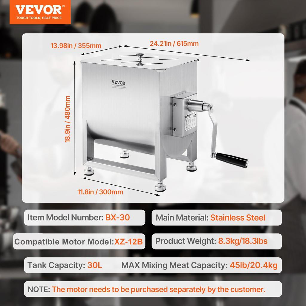 VEVOR Manual Meat Mixer, 60L Fixed Tank Meat Processing Equipment(Mixing Max 60LBS for Meat), Stainless Steel Meat Mixer