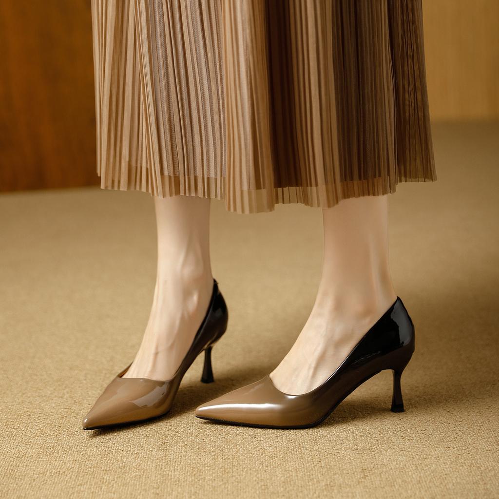 Pointed thin heels high heels high sense not tired feet 2026 spring temperament patent leather color matching light mouth single shoes