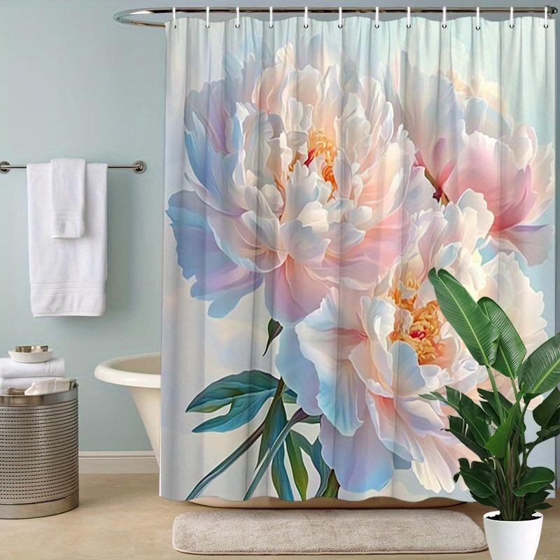 1pc Large Blooming Peony Shower Curtain - Realistic Soft Pastel Art, Polyester, 70.8x70.8", 12 Hooks, Washable & Durable