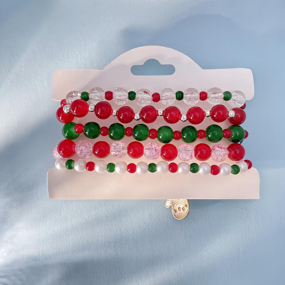 Snowflake & Christmas Tree Beaded Bracelet Set with Cartoon Pendants - Festive Alloy Accessories Gift