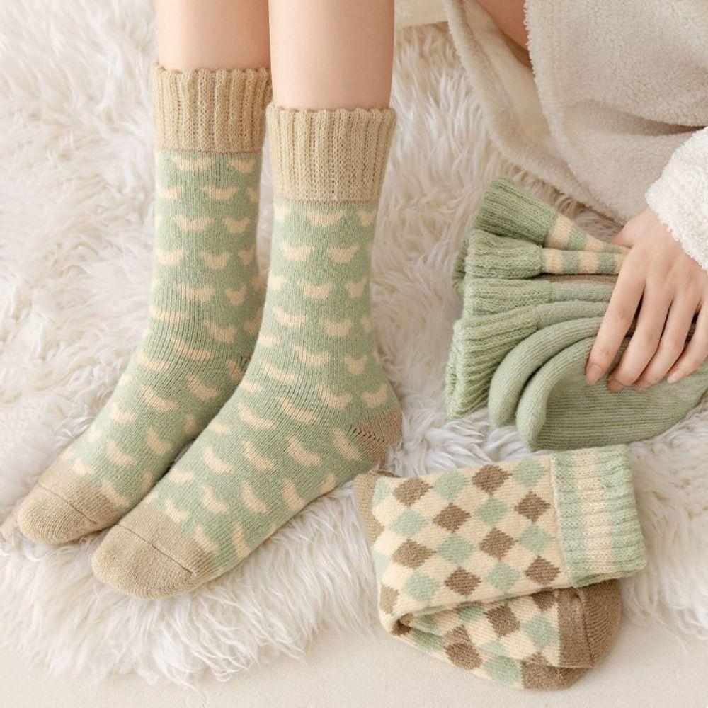 4Pairs Soft Stripe Grid Thickened Socks Sleeping Winter Floor Plush Socks Mid-tube Hosiery Warm Socks Women Autumn