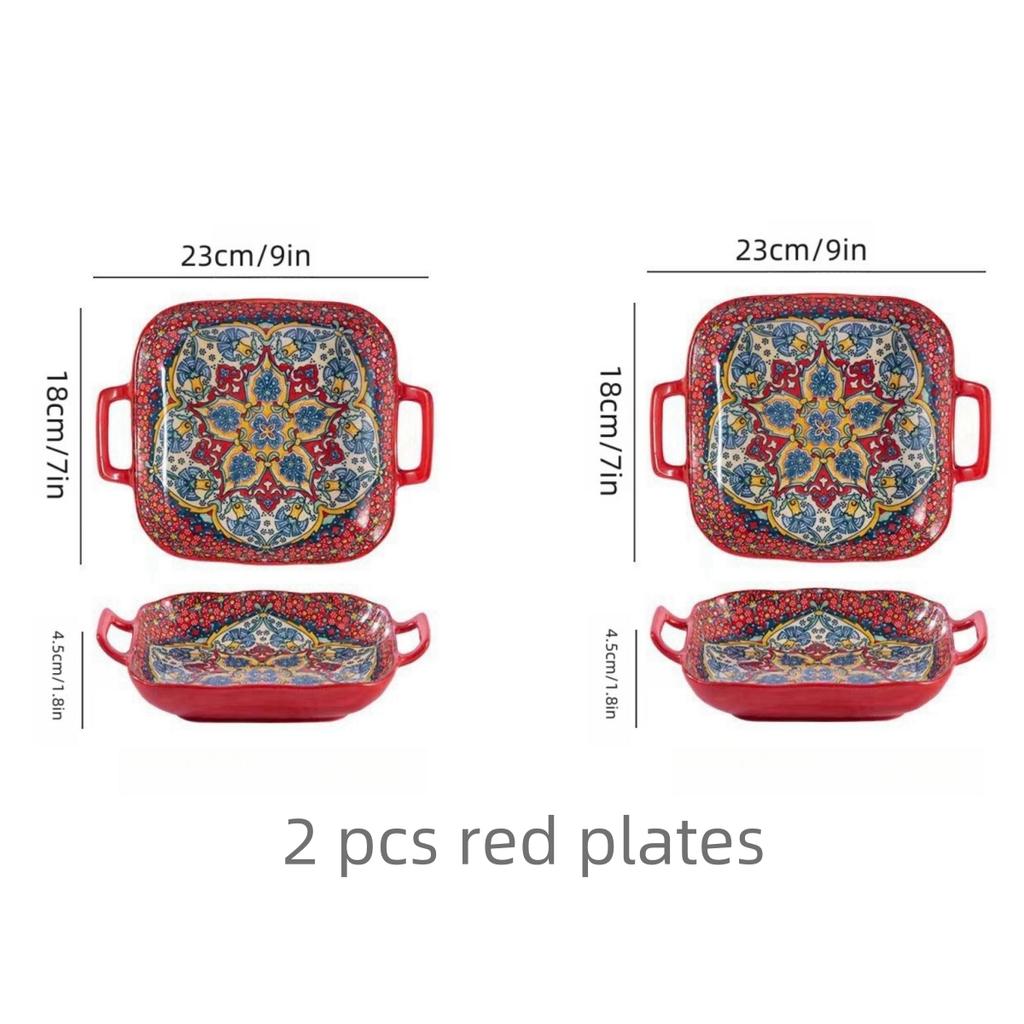 Hand-painted Bohemian Ceramic Baking Dish Square with Handles For Pasta and Desserts Suitable for Oven and Microwave.