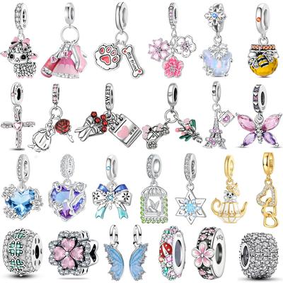 Original 925 Silver Heart Pendant Flower Butterfly Bead DIY Exquisite Jewelry Women Gift