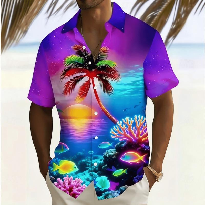 Men s Neon Print Short Sleeve Shirt, Spring Summer Glow Hawaiian Vacation Blouse, Loose Casual Top 4XL