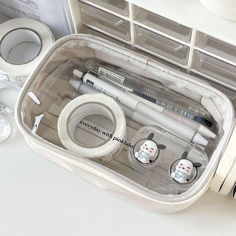 Student Pencil Pouch Simplicity Beige Color Series Penal Case Transparent