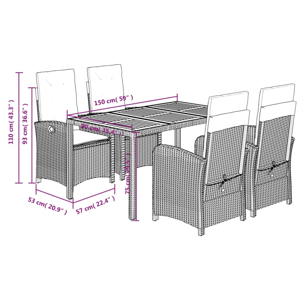 5 Piece Outdoor Dining Set with Cushions Grey Poly Rattan