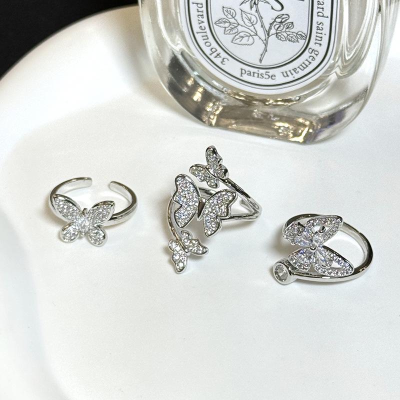 Elegant Full Diamond Exquisite Butterfly Opening Ring Adjustable Stacking High-End Niche Design Index Finger Ring