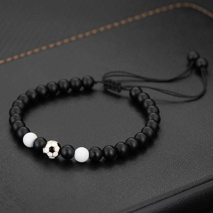 Handgeflochtenes Fußballarmband für Herren, verstellbar, schwarze 6mm Onyx-Steinperlen, Armband für Sportbegeisterte, Fußballarmband, Pulseria
