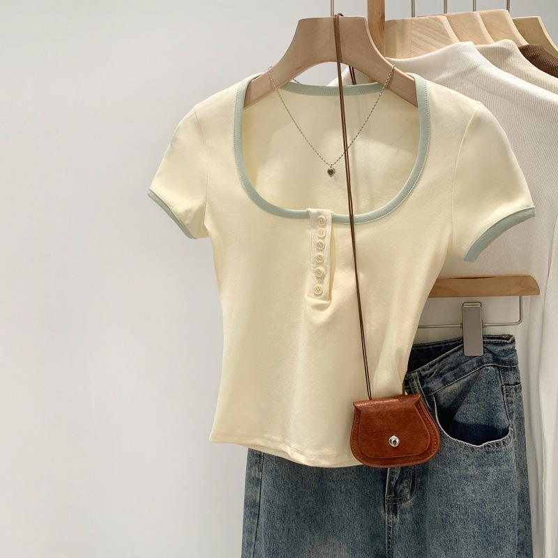 Women's Contrast Square Neck Short Sleeve Cropped T-shirt, Summer 2026 Style, Petite, Slimming, Pure Desire