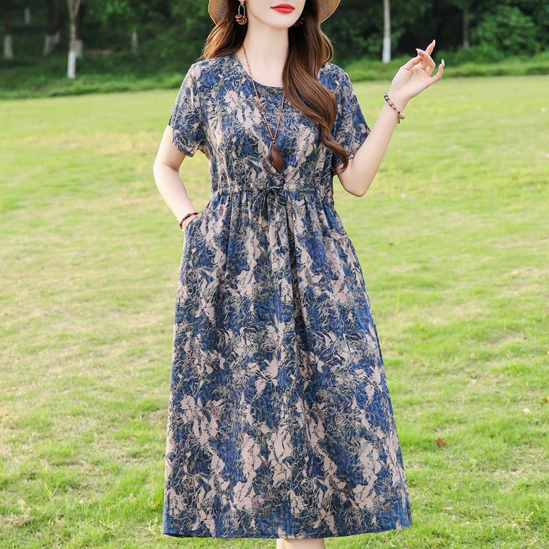 Plus Size Women's Long Dress Summer  Short Sleeve Vintage Print Dress for Women