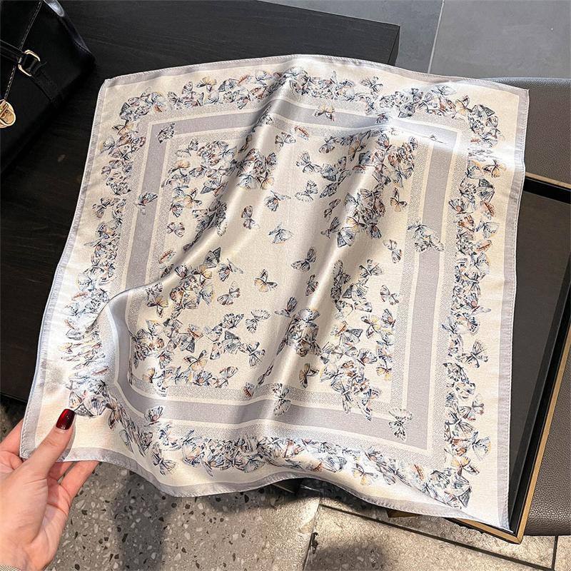 Women Butterfly Pattern Really Silk Scarf for Gift Bandana Square Scarves Kerchief Mulberry Silk Bag Wrap Handle Tie Headband
