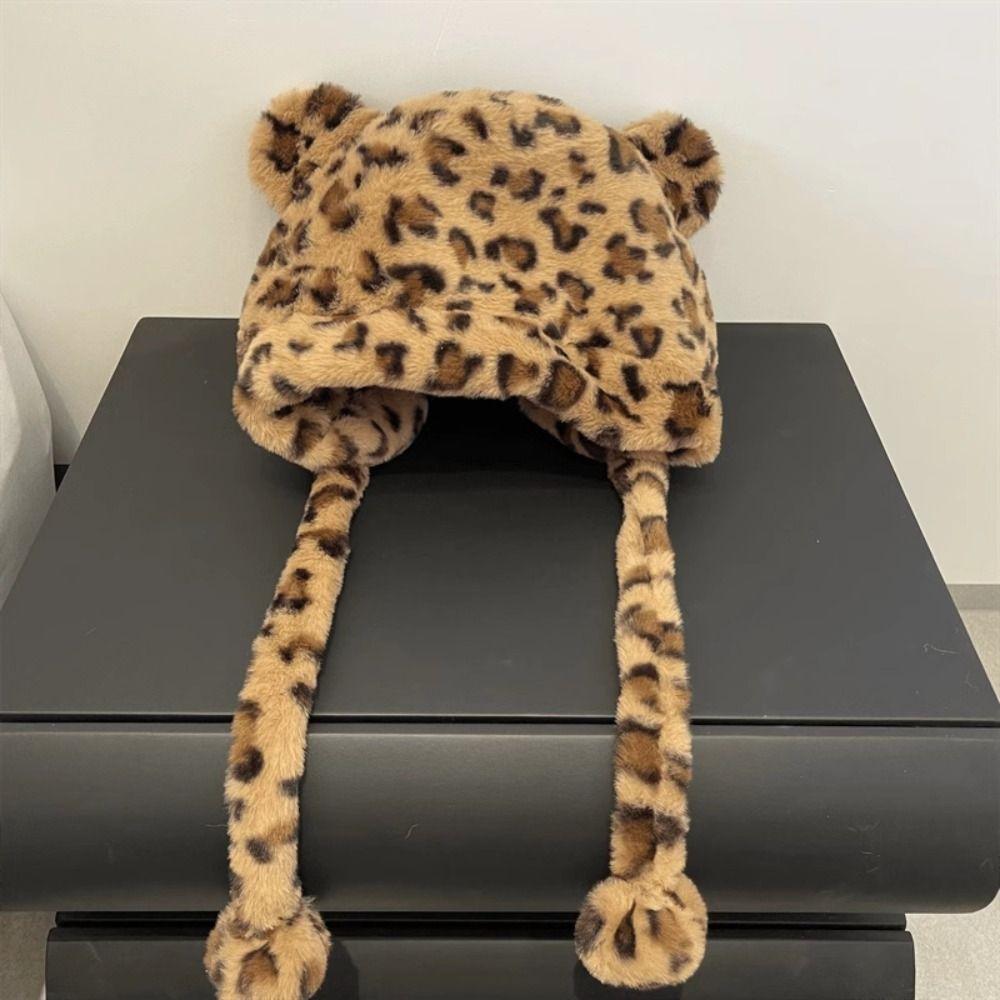 Fashion Design Plush Bear Hat Leopard Print Ear Protection Hat Warm Cartoon Fleece Hat  Girls