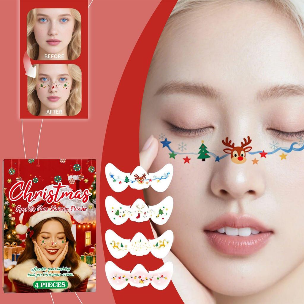 4pcs Christmas Face Tattoo Stickers Waterproof Bells Stars Ribbons Freckles Temporary Tattoo Stickers for Makeup Party Festival