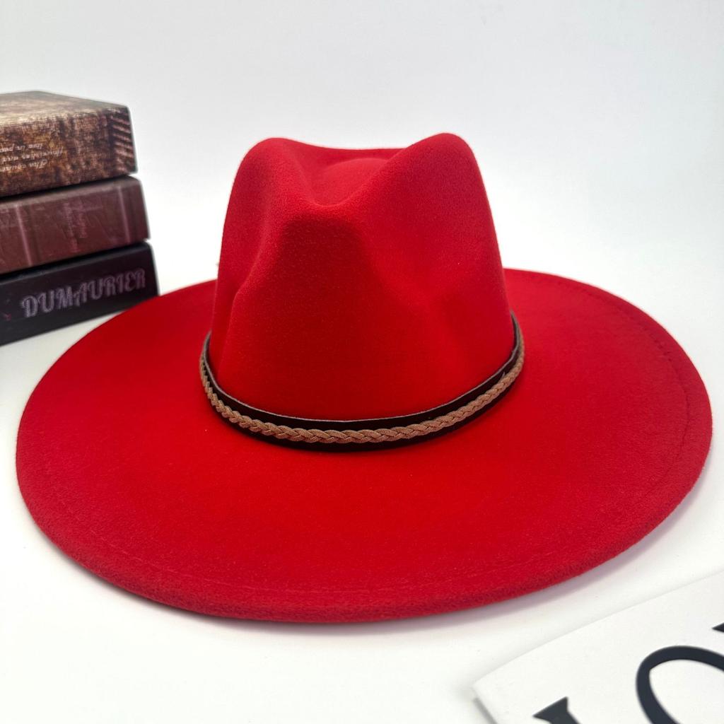 Hot autumn and winter new European and American style monochrome men's and women's belt hats simple woolen flat brim big edge jazz hats