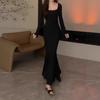Autumn women's new popular models, beautiful step-by-step lotus black fishtail dress, autumn wear a long dress
