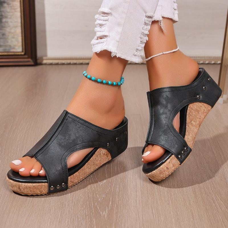 Women's Summer Wedge Thick-Soled Peep-Toe Roman Slide Sandals, Retro Comfort Footwear, Available In Large Sizes.