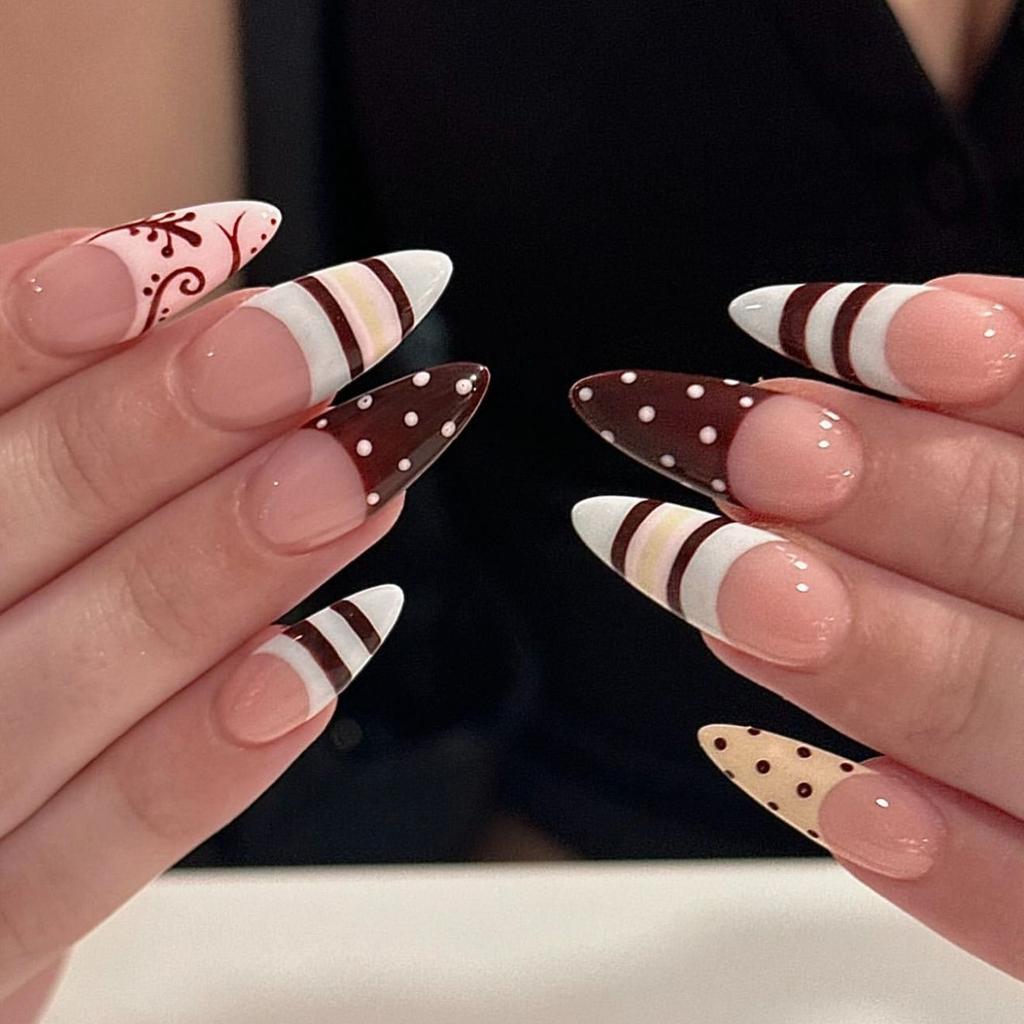 Blue Brown Polka Dot Cute Bow French Nail Art Summer Stylish Short False Nails Detachable Finished Fake Nails Press on Nails