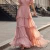 Damen Deep V-Ausschnitt Rüschen Stufen Maxikleid Kurze Ärmel Gefaltete Taille Einfarbige Formelle Robe