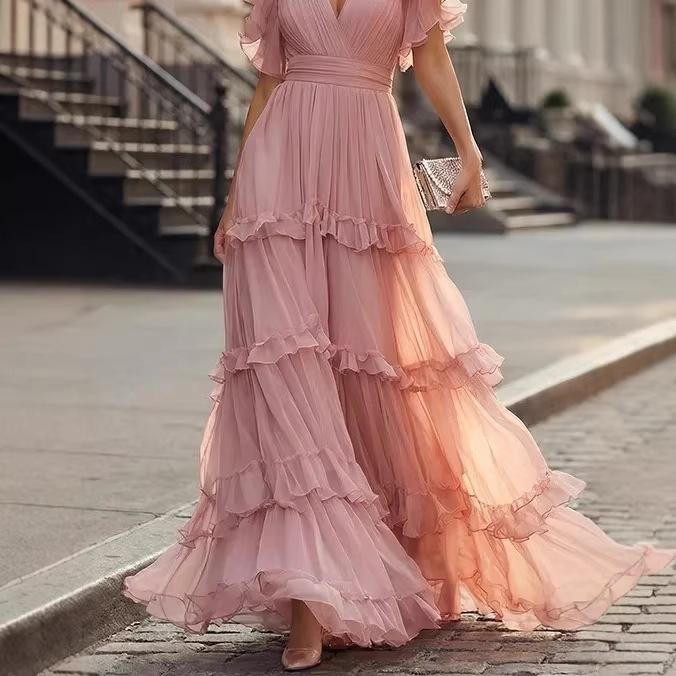 Damen Deep V-Ausschnitt Rüschen Stufen Maxikleid Kurze Ärmel Gefaltete Taille Einfarbige Formelle Robe