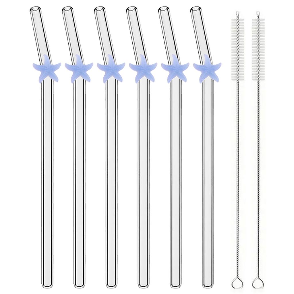 6pcs Starfish Bent Straw Set Milk Shake Coffee Straw High Borosilicate Glass Drinking Straws Set with Brush Party Bar Drinkware