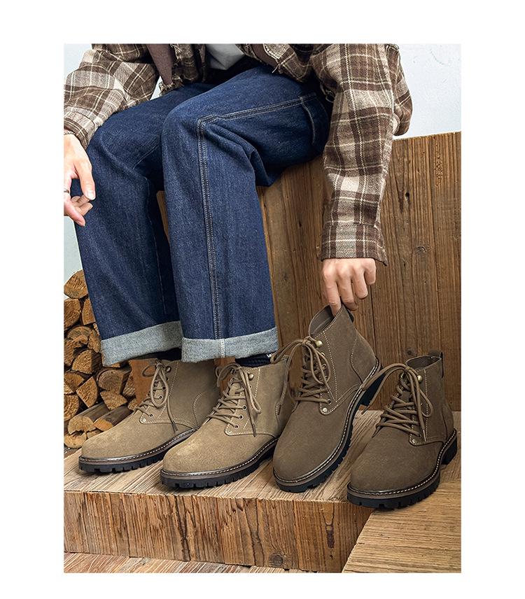 2025 Men's Autumn/Winter Yellow Martin Boots, Cow Suede, Breathable, Versatile, Round Toe, Comfortable Mid-Top Style