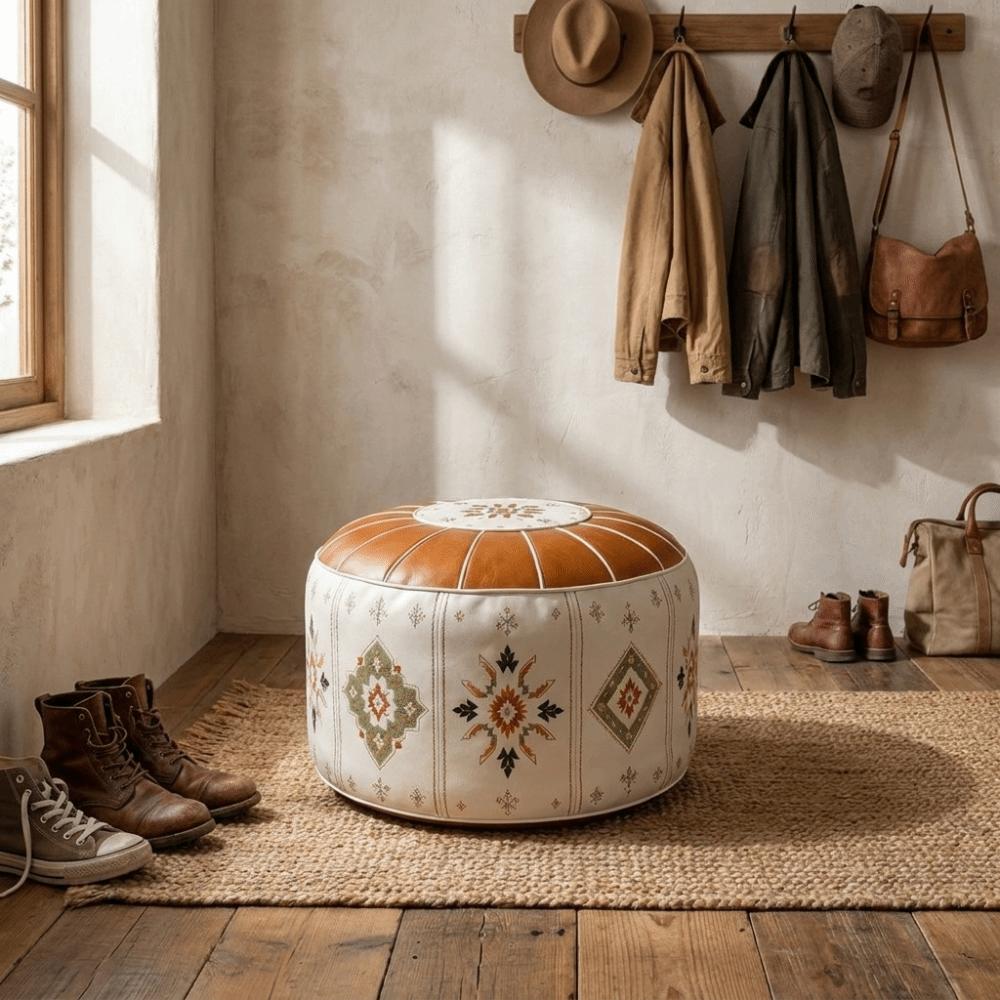 Multipurpose PU Leather Sofa Stool Cover Fillable Round Storage Leg Bench Boho Style Foldable Leather Pouf Shoe-changing