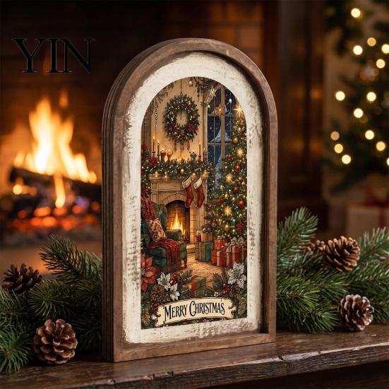 Christmas Garden Decorations Campfire Dinner Wooden Wall Art, Festive Holiday Framed Decor for Ornaments Living Room, Rustic Hanging Ornament