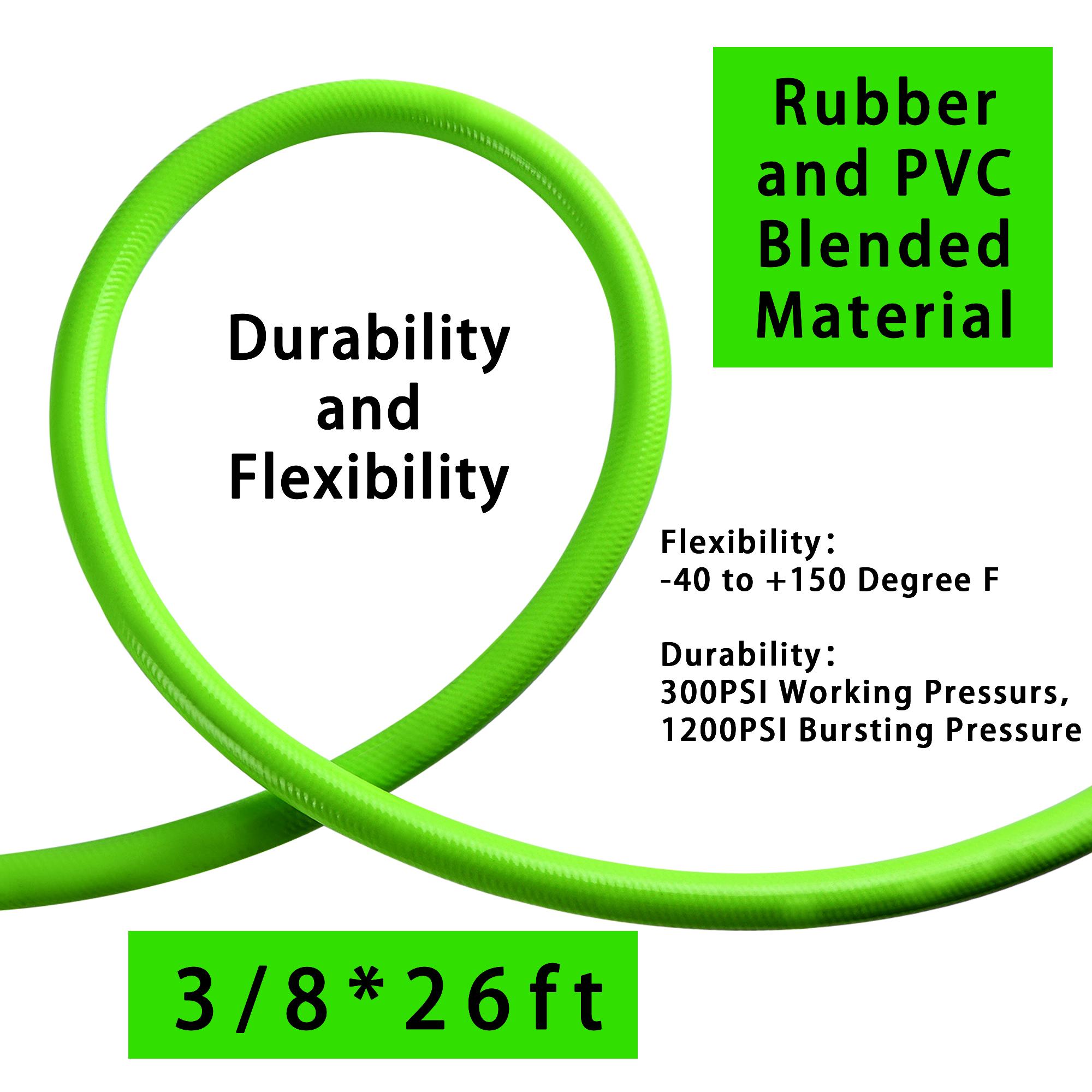 

Сверхпрочный легкий гибридный воздушный шланг 3/8 Всепогодный гибкий компрессорный шланг с соединительным штуцером и ограничителем изгиба 26-252 фута