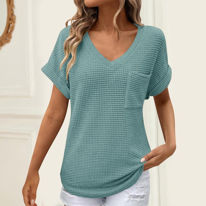 2026 Women's V-neck Summer Waffle Pocket Short Sleeve T-shirt