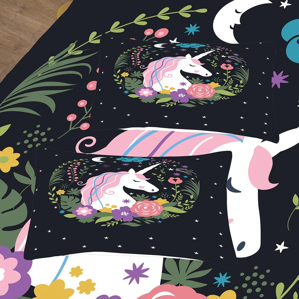 Modern Minimalist Night Sky Unicorn Duvet Cover Set - Soft Polyester, Washable, All-Season Comforter with Vibrant Starry Design