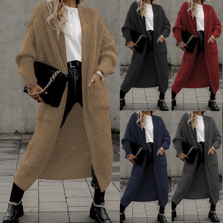 Women Knitted Cardigan Loose Fit Large Pockets European American Style Autumn Winter Fashion Cross Border Trade