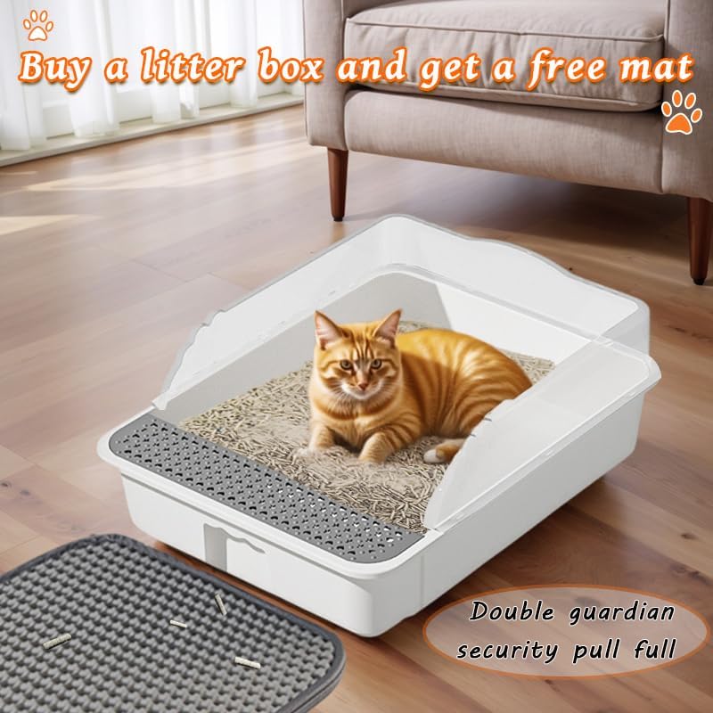 Open Cat Litter Box with High Side,Anti-Splashing Cats Litter Pan,Kitten Litter Box with Litter Sifter and Litter Mat,Semi-Enclosed Removable Kittens
