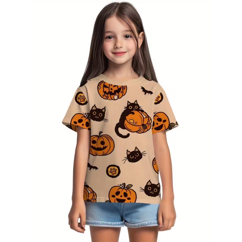 Girl's T-shirt Halloween Cartoon Pumpkin Print Round Neck Short Sleeved Top Fashionable Girl's Clothing Holiday Children's Clothing