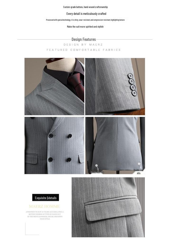 Apricot White Striped Double-Breasted Slim-Fit Suit Set for Casual, Groom, or Formal Business Attire.