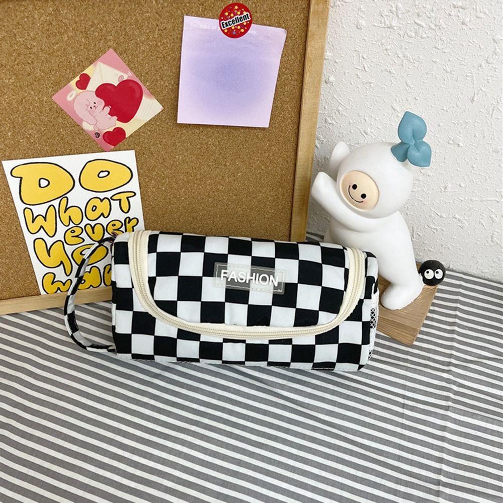 Ins Lattice Pencil Case Washable Storage Bag School Supplies Canvas Estuche  Student