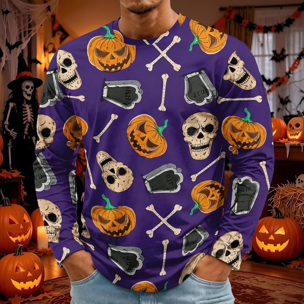 Men's Halloween Long Sleeve T-Shirt Neck Loose Fit Casual Versatile Top