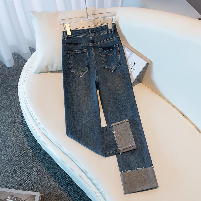 Women's High Waist Cuffed Slim Fit Straight Leg Retro Blue Jeans, Spring/Autumn 2025 Collection