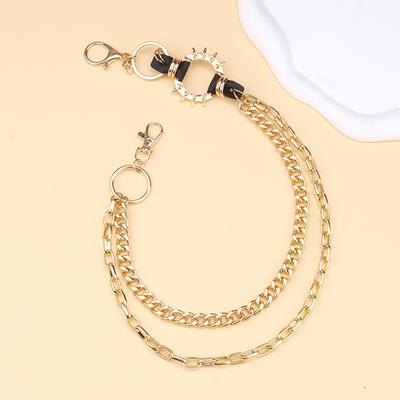 Trouser Chain Double Layer Metal Alloy Pants Chain with Spiked Ring Snap-On Lobster Clasp Punk Hip-Hop Style Pants Accessory