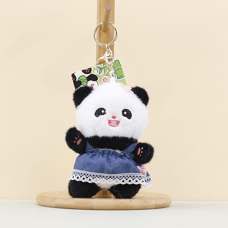 Plush Panda Doll Keychain Pendant Wearing Lace Edged Denim Skirt Design For Kids
